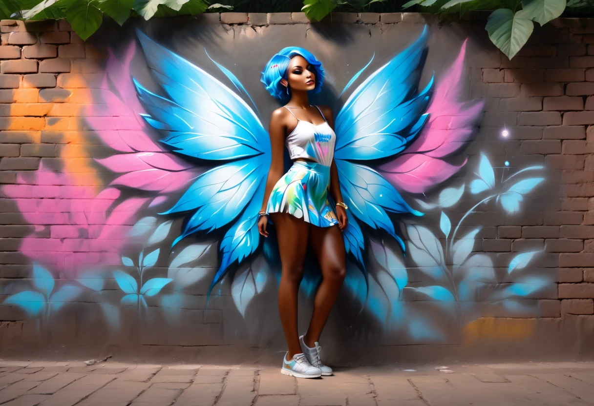 graffiti, pastel, graffiti on a brick wall, spray paint on a wall, colored graffiti, street art,
fairy, african, blue hair, short hair, dark skin, standing on a giant leaf, seductive, (fairy wings:1.1), short dress, fairy outfit, tight clothes, barefoot, attractive body, slim, athletic, forest, magical forest, night time, glow, fantasy, magical,