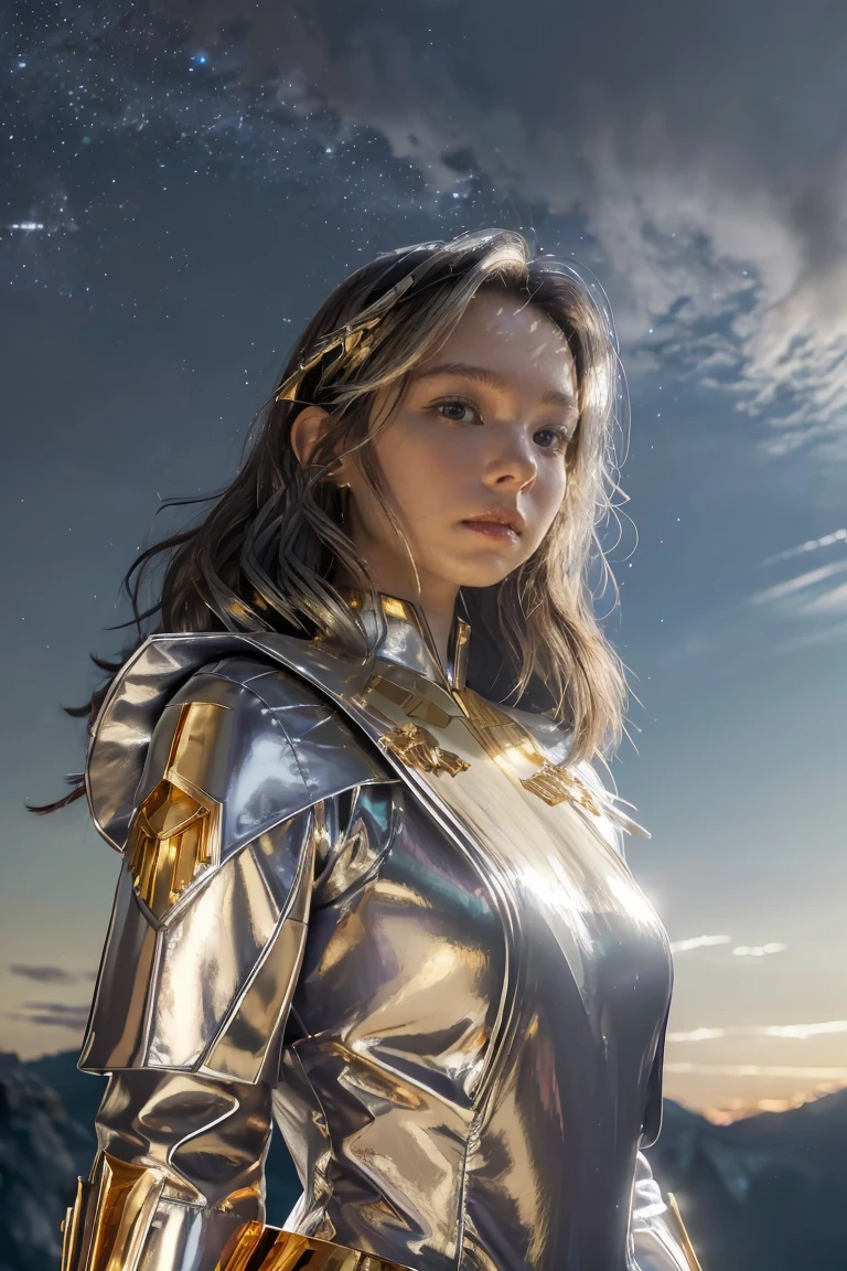 ((masterpiece, best quality, extremely detailed), volumetric lighting, ambient occlusion, colorful, glowing), 1girl, solo, young girl, (dark hair), long hair, halo, aura, sacred, goddess, cleric suit, (silver outfit with gold detailst:1.3), armor, outdoors, sunset, sky, clouds, space, (fantasy theme:1.2),