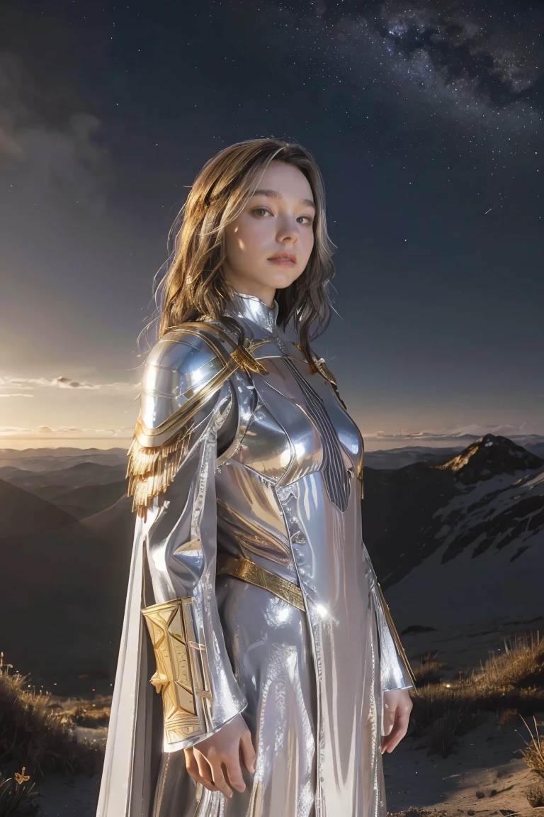 ((masterpiece, best quality, extremely detailed), volumetric lighting, ambient occlusion, colorful, glowing), 1girl, solo, young girl, (dark hair), long hair, halo, aura, sacred, goddess, cleric suit, (silver outfit with gold detailst:1.3), armor, outdoors, sunset, sky, clouds, space, (fantasy theme:1.2),