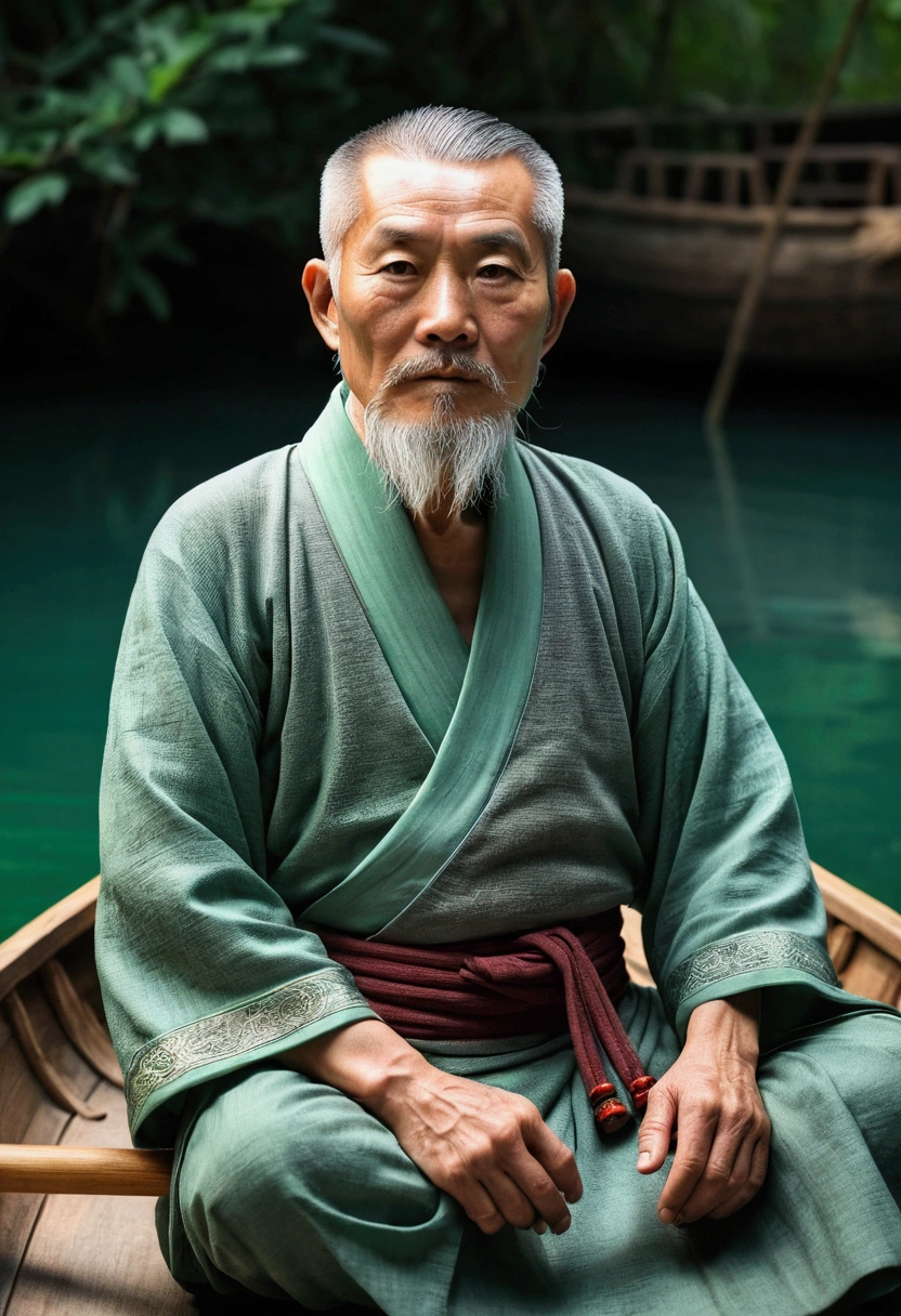 Old man of ancient China,Full of wisdom,gray hair and beard,Deep vision,Full body photo of the front,Sit cross-legged on a small wooden boat,Behind is green water,Bright light,Ultra-clear,8K,Gray robe,close-up imagery