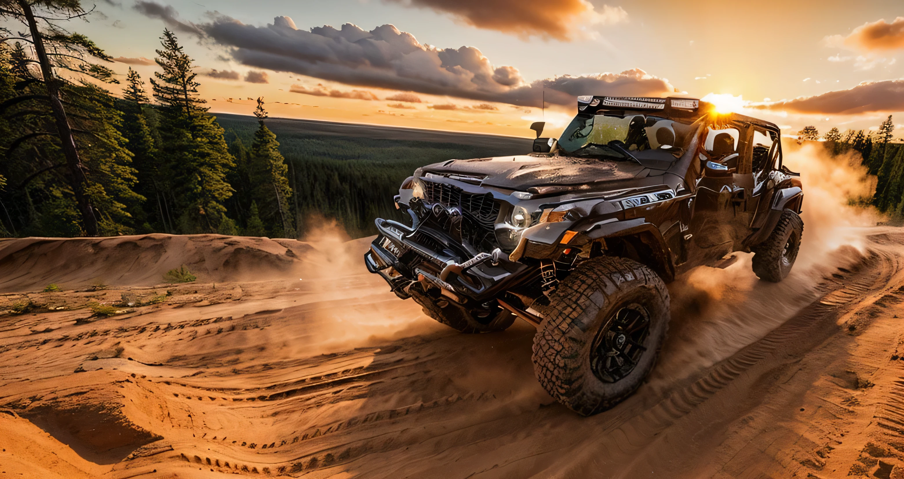 Photos of off-road vehicles, forest, Sunset, cloud,Real light,HD,Realistic details,Car side