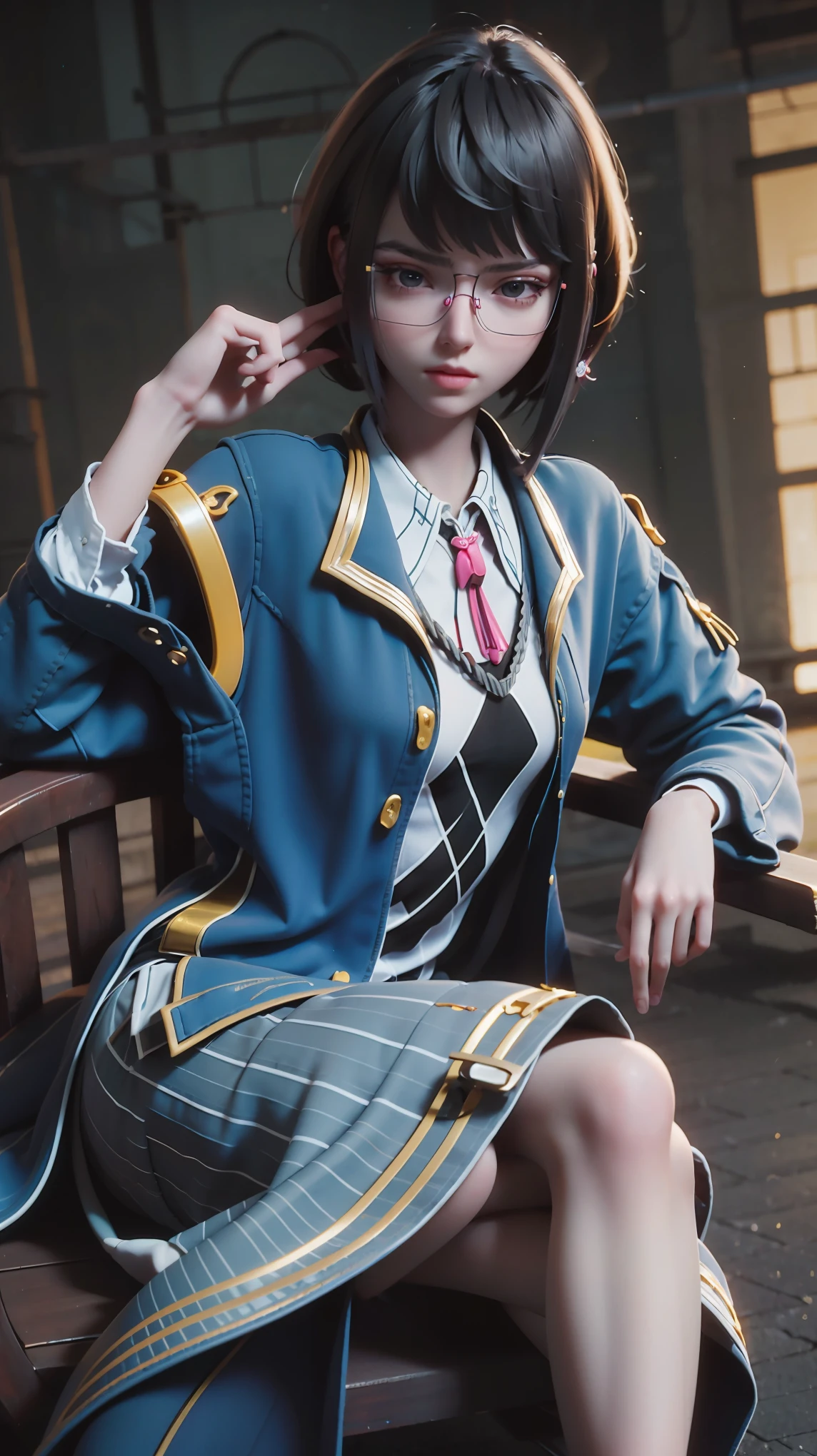 hair ornament, looking at viewer, holster, miniskirt, bow, twintails, jacket, shirt, pantyhose, standing, arms behind back, belt,ribbon, thigh strap, hair bow, bowtie, <lora:guanxiaoyu_20230707104912-000013:0.75>
