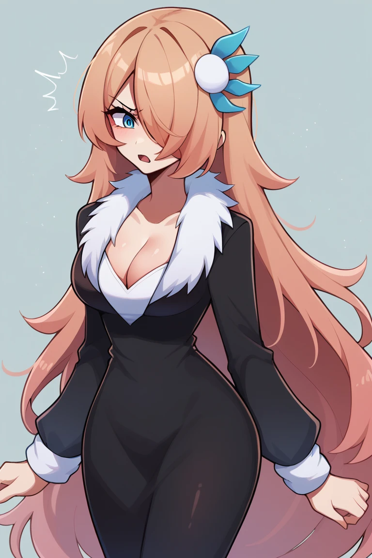 score_9, score_8_up, score_7_up, BREAK 1girl, solo, breasts,  defCyn, very long hair, hair over one eye, hair ornament, fur collar, cleavage, black gown, long sleeves, black pants, constriction, struggling, 
