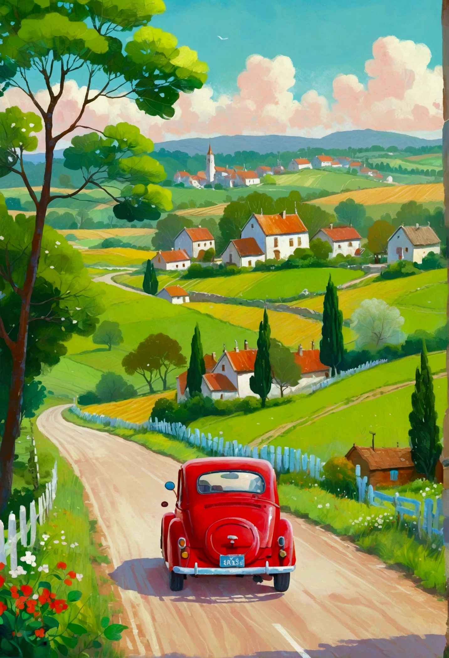 Painting of a blue car driving along a country road，A village in the background, Einmon（Do the Immun）A detailed painting of, Shutterstock competition winner, Childish Art, Hand drawn cartoon art style, countryside city scene, Vibrant gouache landscape, Landscape Artwork, A beautiful artistic illustration,  In the country, Stylized digital illustration