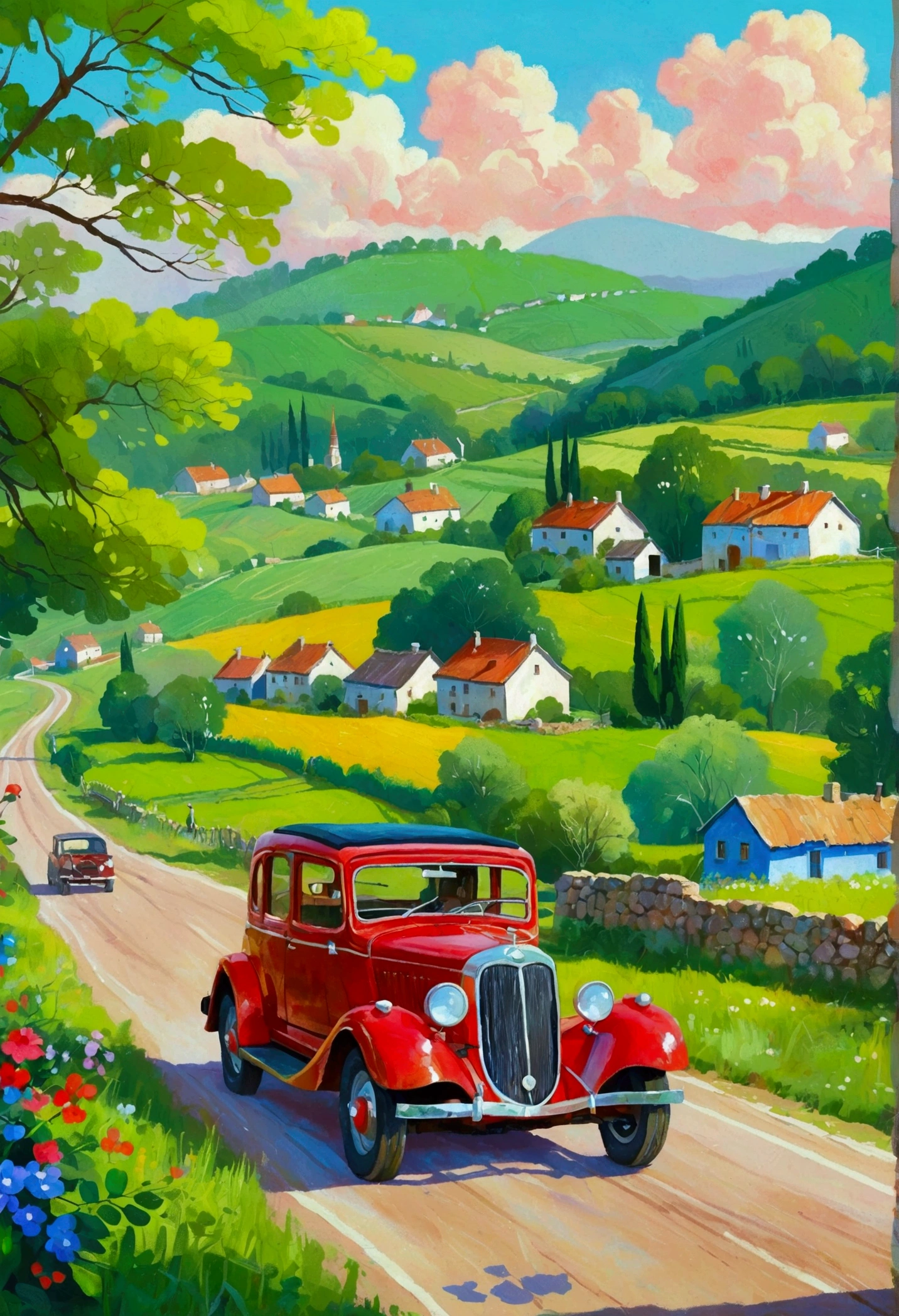 Painting of a blue car driving along a country road，A village in the background, Einmon（Do the Immun）A detailed painting of, Shutterstock competition winner, Childish Art, Hand drawn cartoon art style, countryside city scene, Vibrant gouache landscape, Landscape Artwork, A beautiful artistic illustration,  In the country, Stylized digital illustration