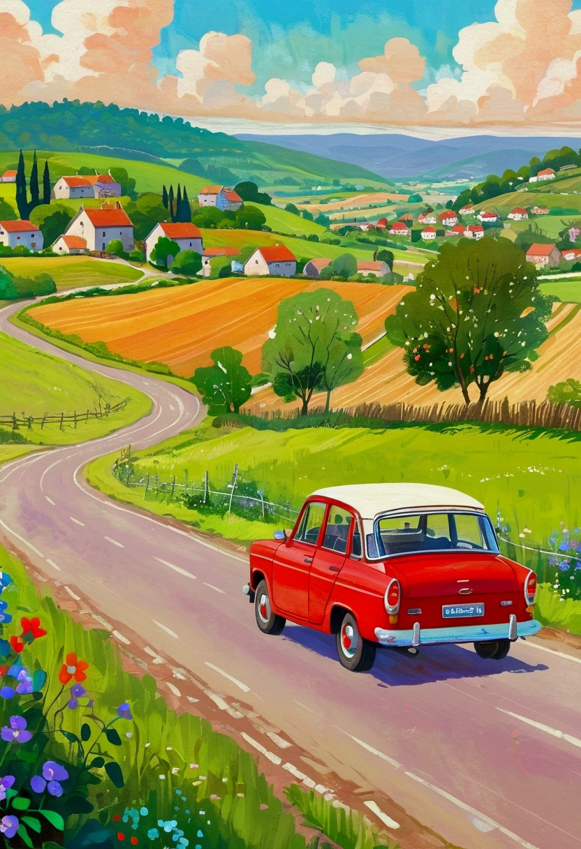 Painting of a blue car driving along a country road，A village in the background, Einmon（Do the Immun）A detailed painting of, Shutterstock competition winner, Childish Art, Hand drawn cartoon art style, countryside city scene, Vibrant gouache landscape, Landscape Artwork, A beautiful artistic illustration,  In the country, Stylized digital illustration