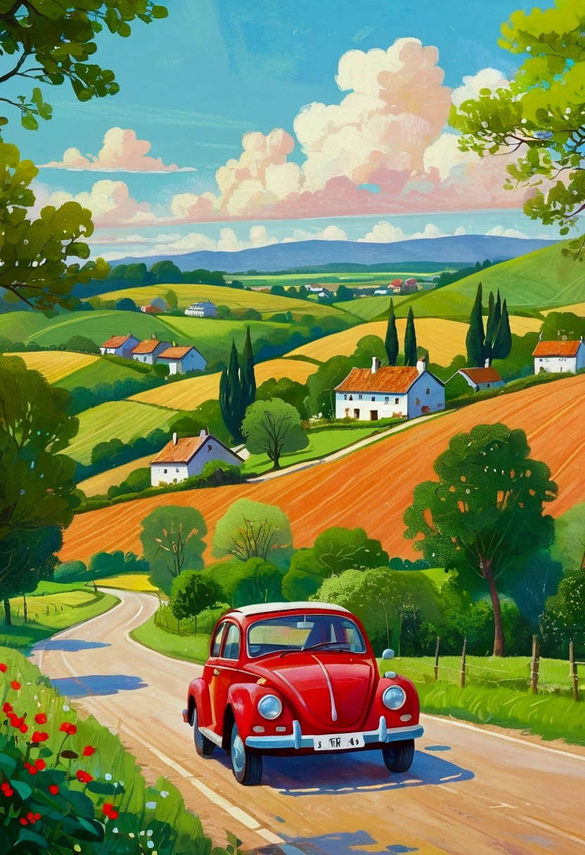 Painting of a blue car driving along a country road，A village in the background, Einmon（Do the Immun）A detailed painting of, Shutterstock competition winner, Childish Art, Hand drawn cartoon art style, countryside city scene, Vibrant gouache landscape, Landscape Artwork, A beautiful artistic illustration,  In the country, Stylized digital illustration