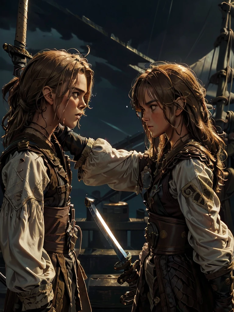 (masterpiece, Highest quality, 8k, light brown hair, eyepatch, from side, cinematic lighting, textured skin, best quality), Pirates 2, Facing each other, 1boy1girl, ((Spit on, Holding a sword, clash of blades)), On board, In the storm, Heavy Rain, My face is wet, Water Drop
