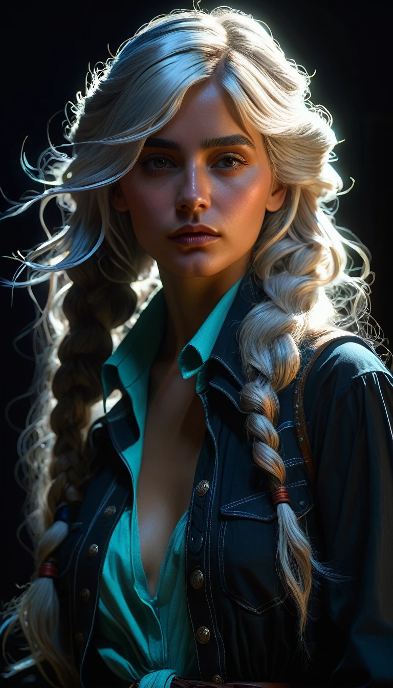 hyperrealistic female character art by david hockney and alphonse mucha, fantasy art, realistic art, dynamic lighting, artstation, volumetric lighting, very detailed faces, 8 k,full HD, award-winning,, 1girl, in the dark, deep shadow, discreet, cowboy shot, (official outfit: 1.4), long hair, white hair, hair with black lights