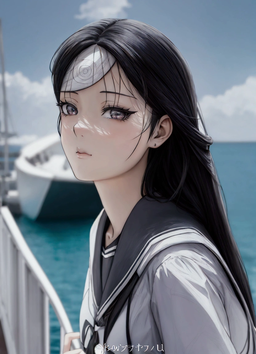 black and white, manga style, a woman with long black hair standing on a boat looking at the camera, beautiful anime portrait, anime style, artwork, anime artstyle, detailed portrait of anime girl, kawaii portrait, portrait anime girl, stunning anime face portrait, anime style portrait, a woman with long black hair standing on a boat looking at the camera, beautiful anime portrait, detailed portrait of anime girl, kawaii portrait, portrait anime girl, stunning anime face portrait, anime style portrait