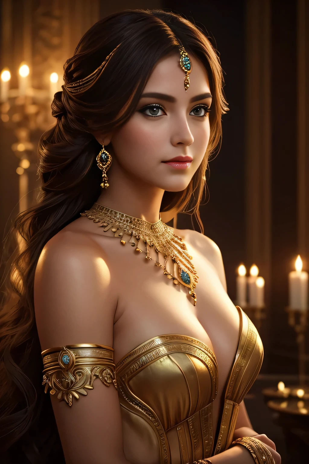 a beautiful woman, face perfect, detailedeyes, seductive expression, Luxurious hair, natural beautiful,Elegant costume of the 2nd century BC, Attractive posing, dramatic lighting, film composition, swirly vibrant colors, fantasy art style, photorrealistic, 8k, best qualityer, work of art