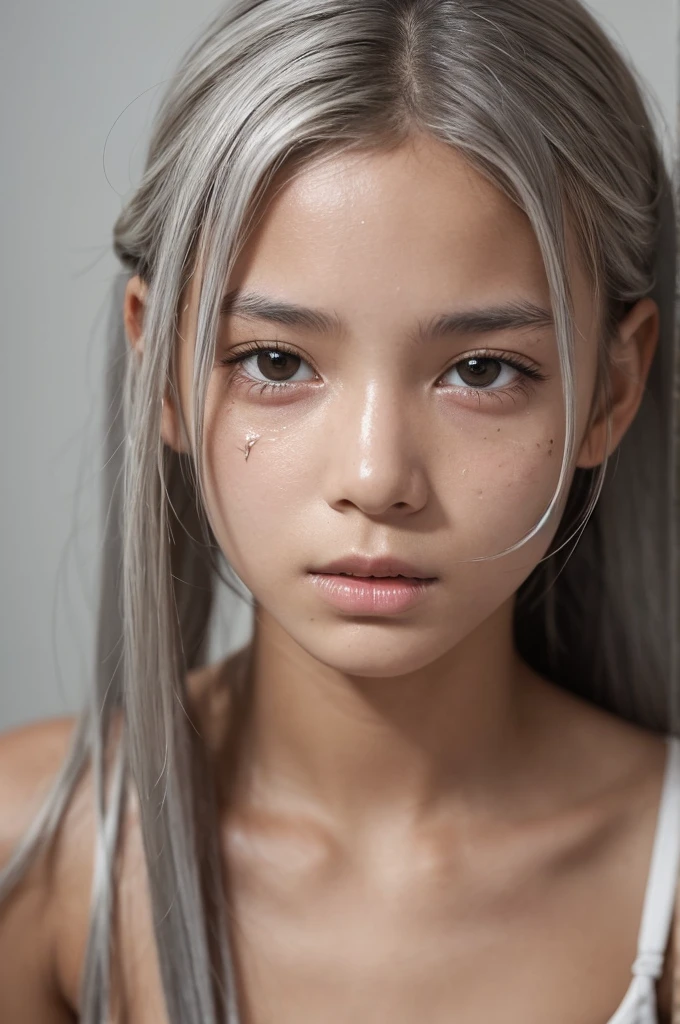 A slave girl, about , with burns on the right side of her face and long, unkempt silver hair.