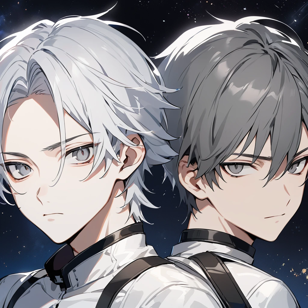 High quality, HD, 4k, no shadows, handsome male, 1male, 17 years old, teenager, short white hair, silver hair, white hair, sharp eyes, dark grey colored eyes, deep grey eyes, grey eyes, devil may cry, close up, calm expression, stoic expression, black leather clothes, white leather clothing, lean body, well trained body, upper body, looking at viewer, cowboy shot, white solar, space background