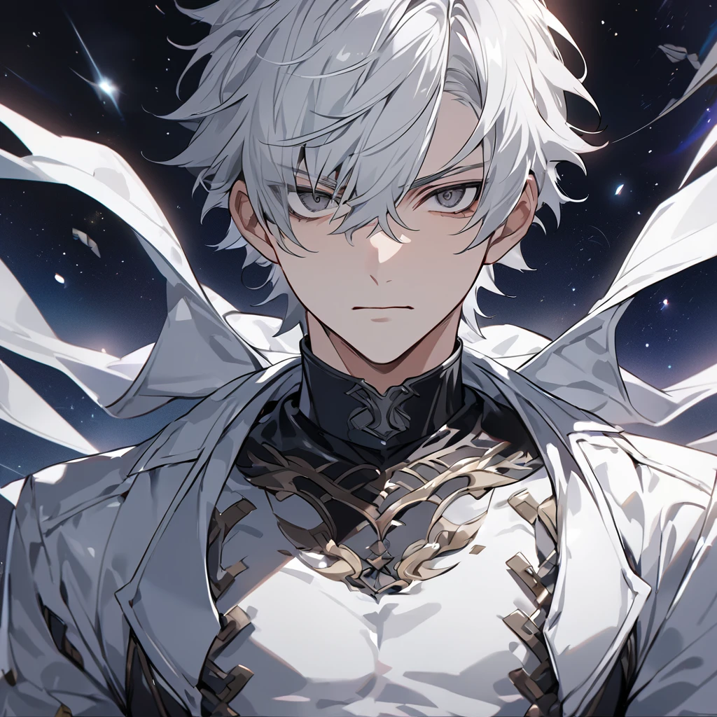 High quality, HD, 4k, no shadows, handsome male, 1male, 17 years old, teenager, short white hair, silver hair, white hair, sharp eyes, dark grey colored eyes, deep grey eyes, grey eyes, devil may cry, close up, calm expression, stoic expression, black leather clothes, white leather clothing, lean body, well trained body, upper body, looking at viewer, cowboy shot, white solar, space background