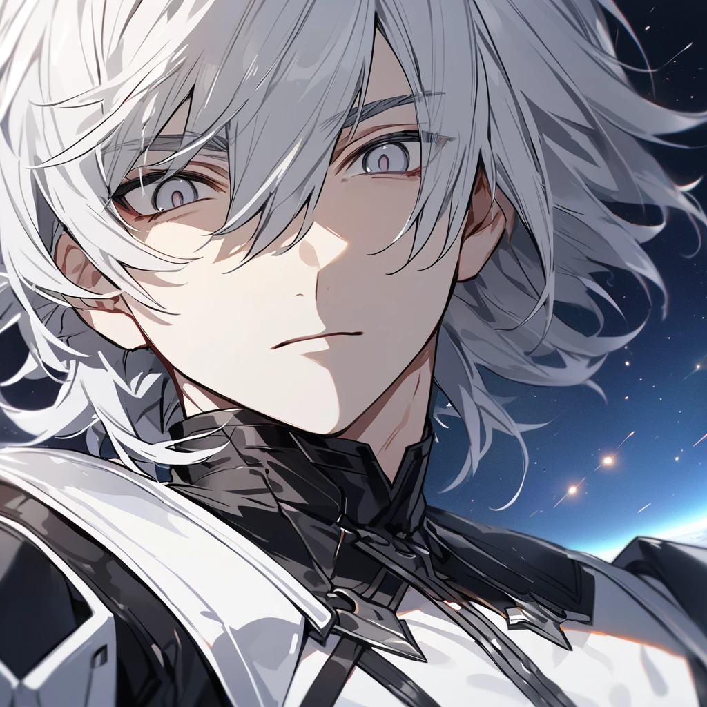 High quality, HD, 4k, no shadows, handsome male, 1male, , teenager, shwhite hair, silver hair, white hair, sharp eyes, dark grey colored eyes, deep grey eyes, grey eyes, devil may cry, close up, calm expression, stoic expression, black leather clothes, white leather clothing, lean body, well trained body, upper body, looking at viewer, cowboy shot, white solar, space background