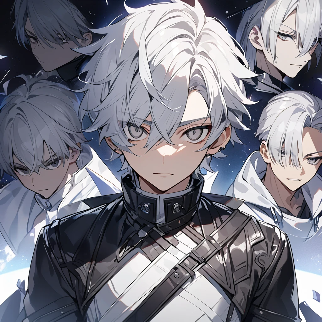 High quality, HD, 4k, no shadows, handsome male, 1male, 17 years old, teenager, short white hair, silver hair, white hair, sharp eyes, dark grey colored eyes, deep grey eyes, grey eyes, devil may cry, close up, calm expression, stoic expression, black leather clothes, white leather clothing, lean body, well trained body, upper body, looking at viewer, cowboy shot, white solar, space background