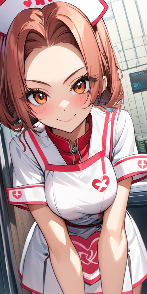 masuter piece, Best Quality, 超A high resolution, top-quality, Anime style, The best lighting, Beautiful face, Shirt unbuttoned, Erotica, styles, 1girl in, A dark-haired, breastsout, green colored eyes, Hair between the eyes, look at viewr, red scarf, scarf, Short Hair Hair, 独奏, white shirt, ((tmasterpiece)), top-quality, A light, look at viewr, ssmile, grin, laught, Best Quality, (White nurse uniform:1.4), (Nurse hat:1.3), cowboy shot, Hospital Background, (holding a syringe:1.4)