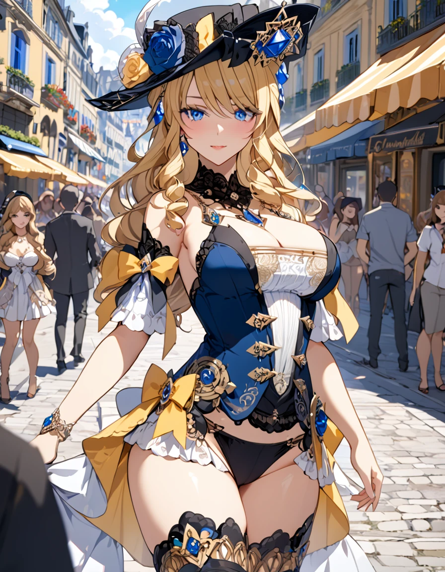 A beautiful 28-year-old woman, Navia, wearing sexy lingerie, stands in a crowded French city, hyper detailed breasts and ultra detailed features rendered in the best quality, 4K masterpiece.