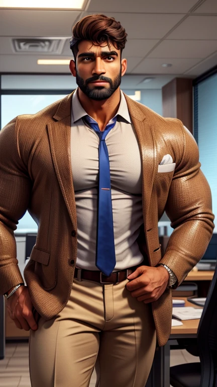 2 handsome indian male in one photo, defined big fluffy hairy pecs, conversative politican, in his early 40s beared hunk, brown hair, smooth oily skin, in revealing suit jacket and low cut shirt, standing in office, manspread, in luxury office, full hd, hdr, clear picture, sharpness in picture, masterpiece, 8k 