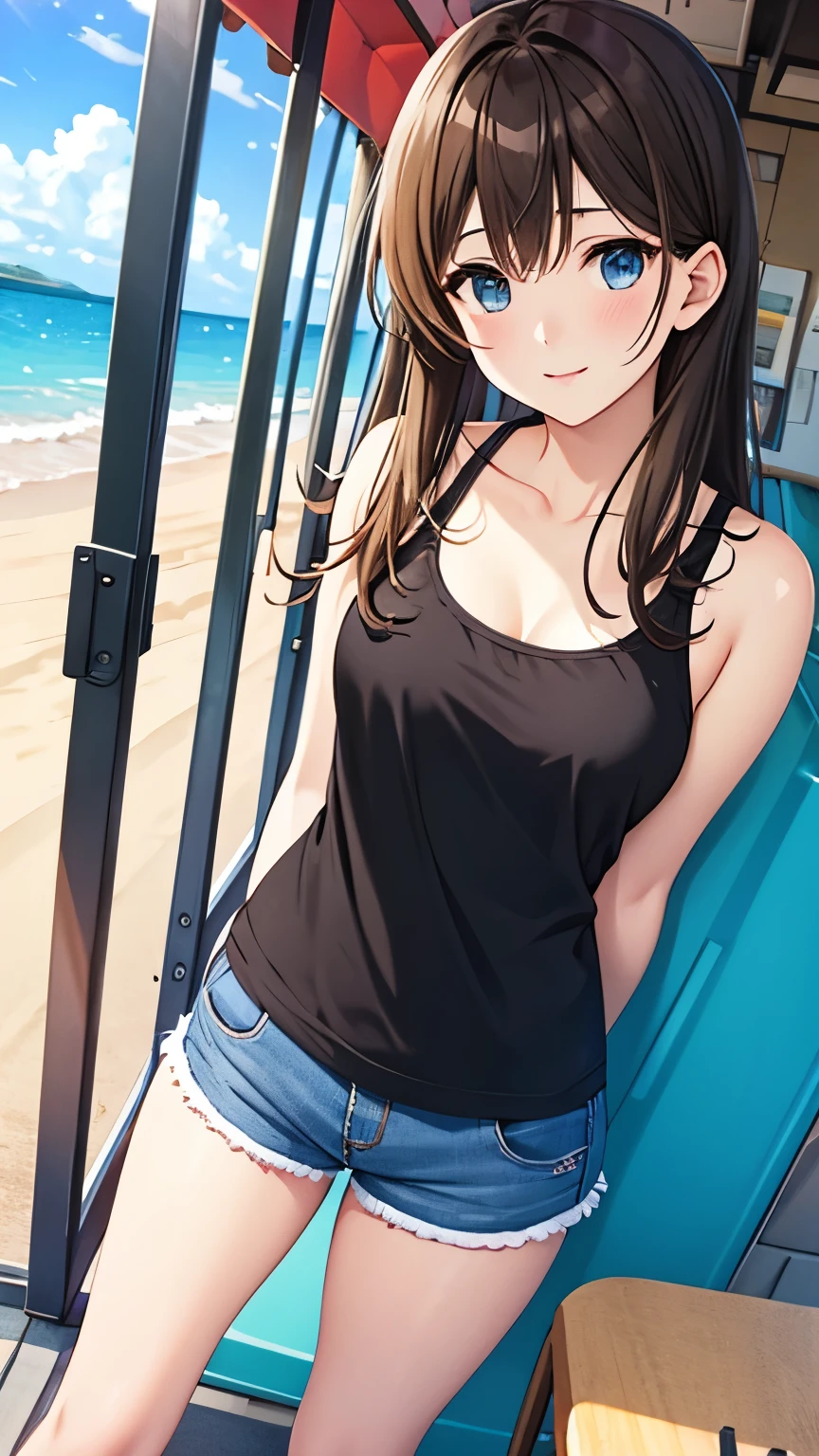 (masterpiece, best quality, absurdres, game CG, illustration, highly detailed), 1girl, solo, (mayu kuroe), beautiful detailed eyes, standing, beach, tank top, short shorts, arms behind her back