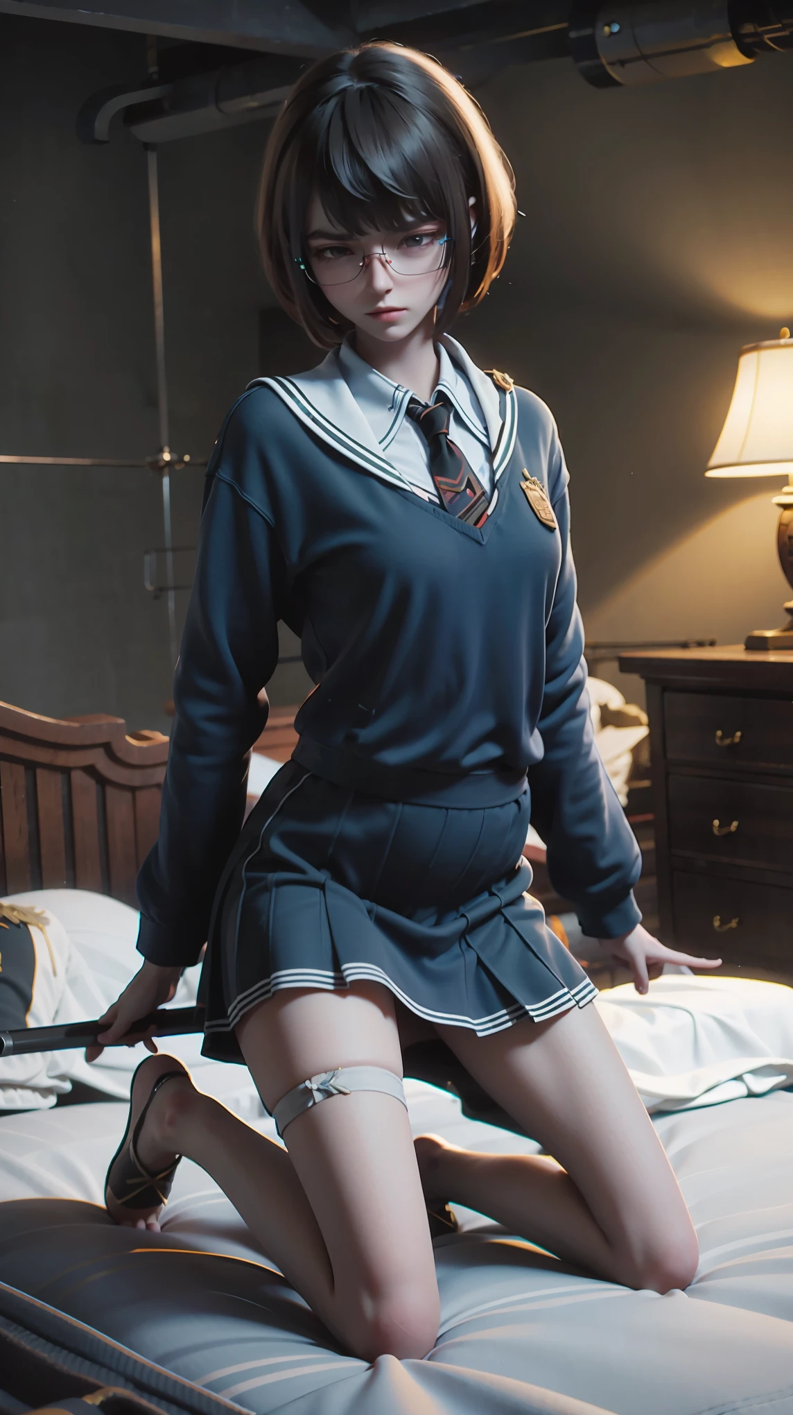 best quality,masterpiece,The Ultimate Solution,Fluffy,Extremely colorful,Mature beautiful woman,(Dress school uniform),Lace skirt,(Beautiful woman beheaded),Normal posture,(Kneeling),Kneeling on the bed,shackles,Beheading,collar,White stockings ,barefoot,Normal posture