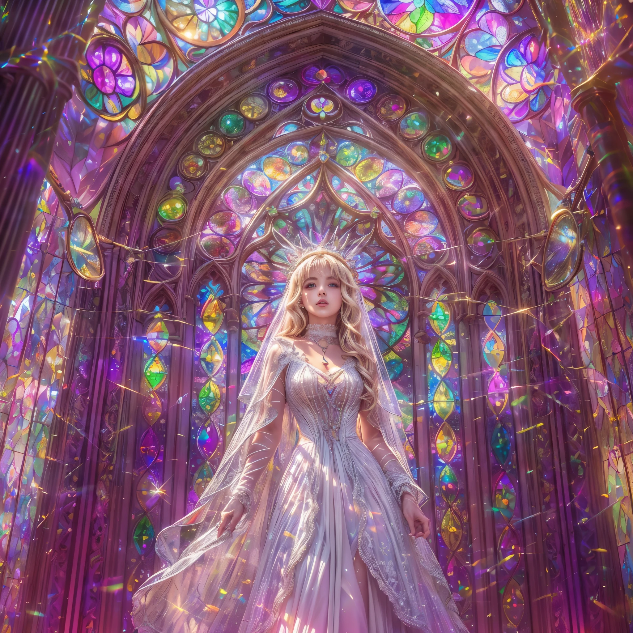 (Cathedral from below:1.28) (ZoomLayer) TopQuality 8K masterpiece of ((Professional photo)), (((Clarisse de Cagliostro))) (Detailed White WeddingDresses), Chain, (((Extremely detailed KAWAII face))) {((VeiledFace))|BlondeHair|(Elaborate BuleEyes)with(SparklingHighlights:1.28)}, The background is distant (((Elaborate stained glass))) Rainbow Glass, {(MysticSight)|EnchantingAtmosphere|Haze|(GodRays)|TyndallEffect}, Radiant PearlSkin with Transparency, (Exposed:0.39)