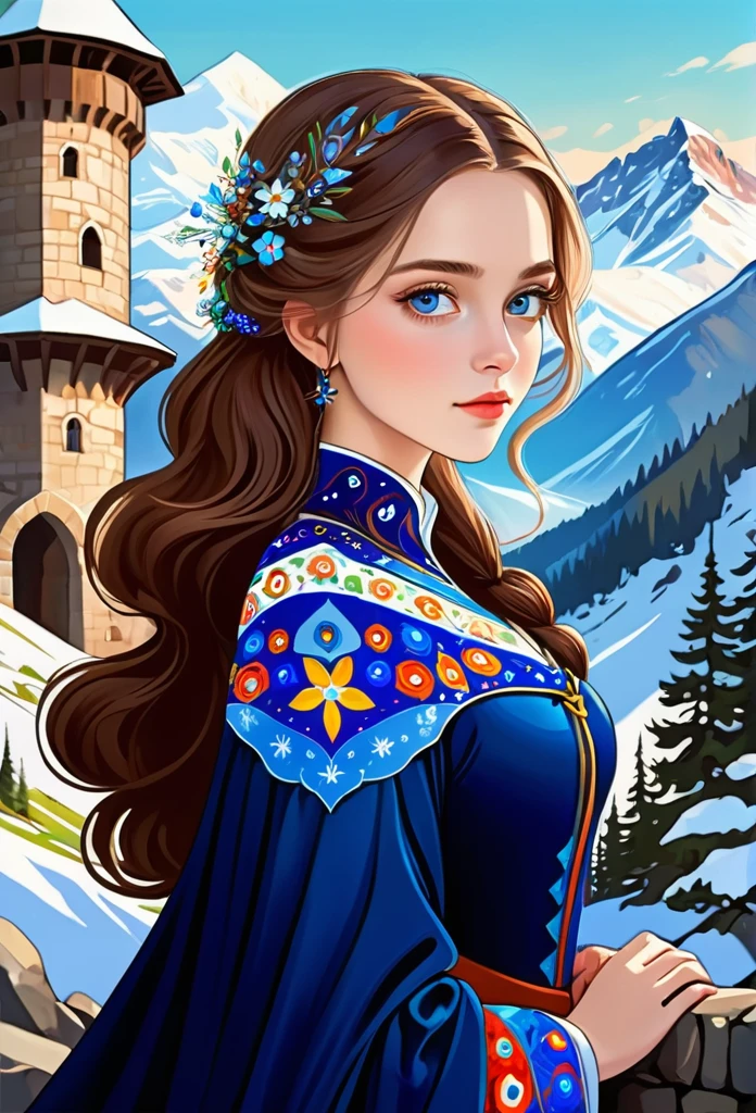 Millefiori glass style,((masterpiece)),best quality, illustration, dark, 1 Girl, In the wilderness,Mountain High,Snow-capped mountains in the distance, castle, Beautiful and delicate eyes, beautiful fine hair,