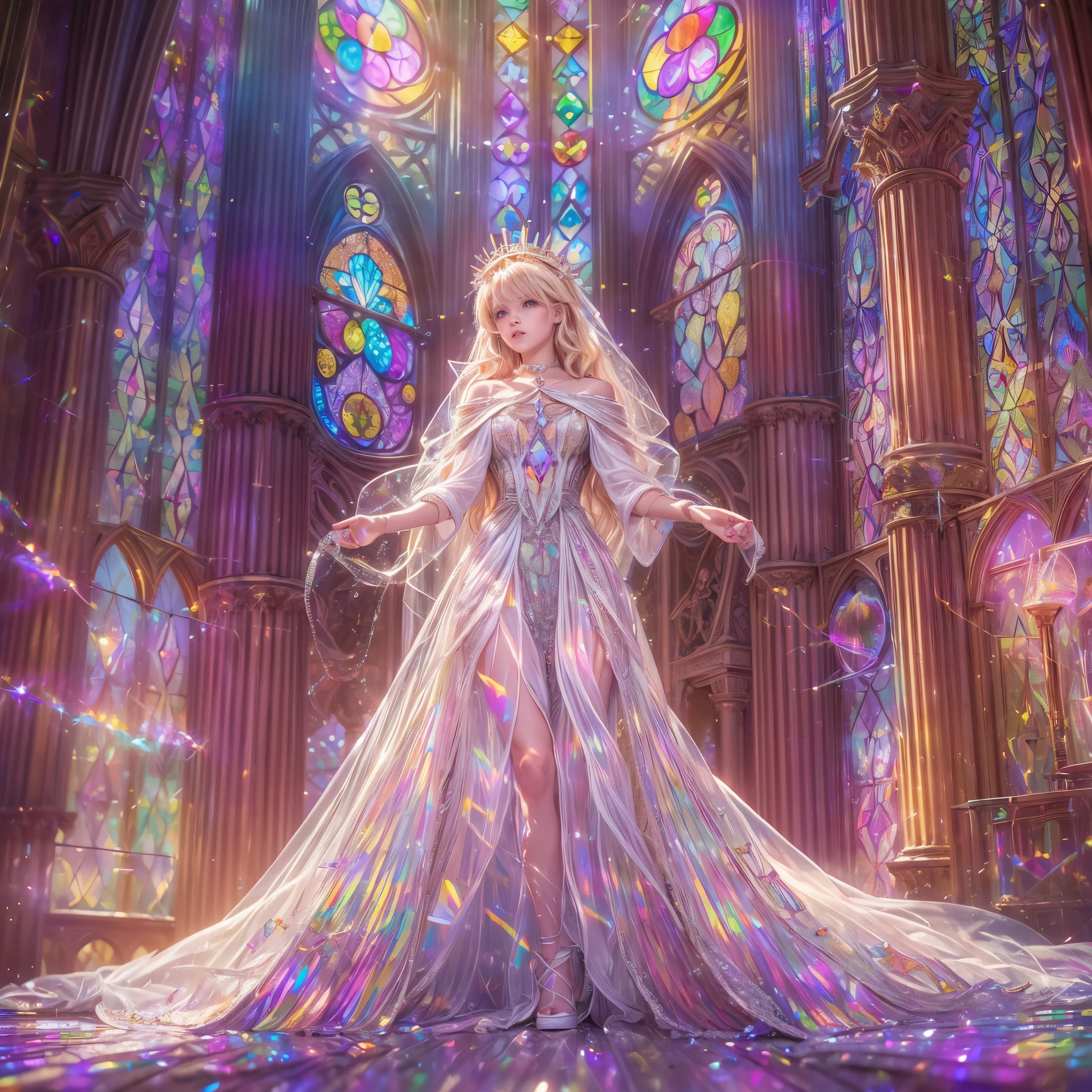 (Cathedral from below:1.28) (ZoomLayer) TopQuality 8K masterpiece of ((Professional photo)), (((Clarisse de Cagliostro))) (Detailed White WeddingDresses), Chain, (((Extremely detailed KAWAII face))) {((VeiledFace))|BlondeHair|(Elaborate BuleEyes)with(SparklingHighlights:1.28)}, The background is distant (((Elaborate stained glass))) Rainbow Glass, {(MysticSight)|EnchantingAtmosphere|Haze|(GodRays)|TyndallEffect}, Radiant PearlSkin with Transparency, (Exposed:0.39)