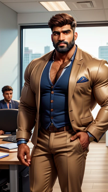 2 handsome indian male in one photo, defined big fluffy hairy pecs, conversative politican, in his early 40s beared hunk, brown hair, smooth oily skin, in revealing suit jacket and low cut shirt, standing in office, manspread, in luxury office, full hd, hdr, clear picture, sharpness in picture, masterpiece, 8k 