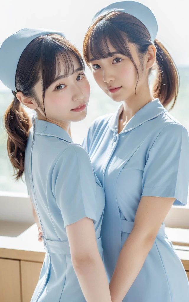 two sexy bubbly and cheerful women in midwife outfits, kneeling, chokers, cute opened mouths, portrait, close up faces, view from above