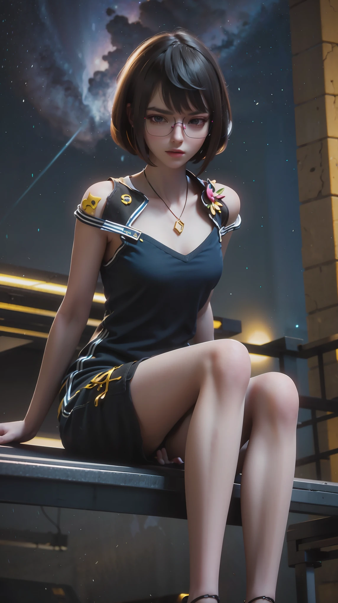 cheongsam,((whole body)), ((Sitting)), ((The hem is long, Sexy long legs)), ((Bare shoulders)),model, Young beautiful girl, Striking an elegant pose, Charming pose, Heat and cold, Beautiful and delicate eyes, Full breasts, slim body, Features, masterpiece, best quality, official art, Rich details, Clear face, Professional lighting, Physically based rendering, Necklace, Light makeup,Starry sky background,Sitting on the stars