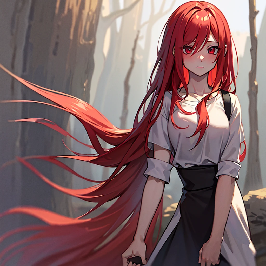 "masterpiece, high quality, (cheered up), Best Quality, 1 girl, dynamic lighting, simple background, Red hair, Red eyes, ((15 years)), beautiful face, pretty eyes, beautiful background, forest, (((Very detailed eyes and face.))), long white shirt, Short negro, sow yourself then, embarrassed and blushing face.