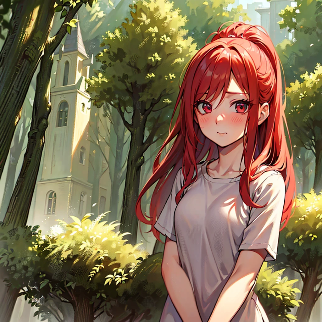 "masterpiece, high quality, (cheered up), Best Quality, 1 girl, dynamic lighting, simple background, Red hair, Red eyes, ((15 years)), beautiful face, pretty eyes, beautiful background, forest, (((Very detailed eyes and face.))), long white shirt, Short negro, sow yourself then, embarrassed and blushing face.