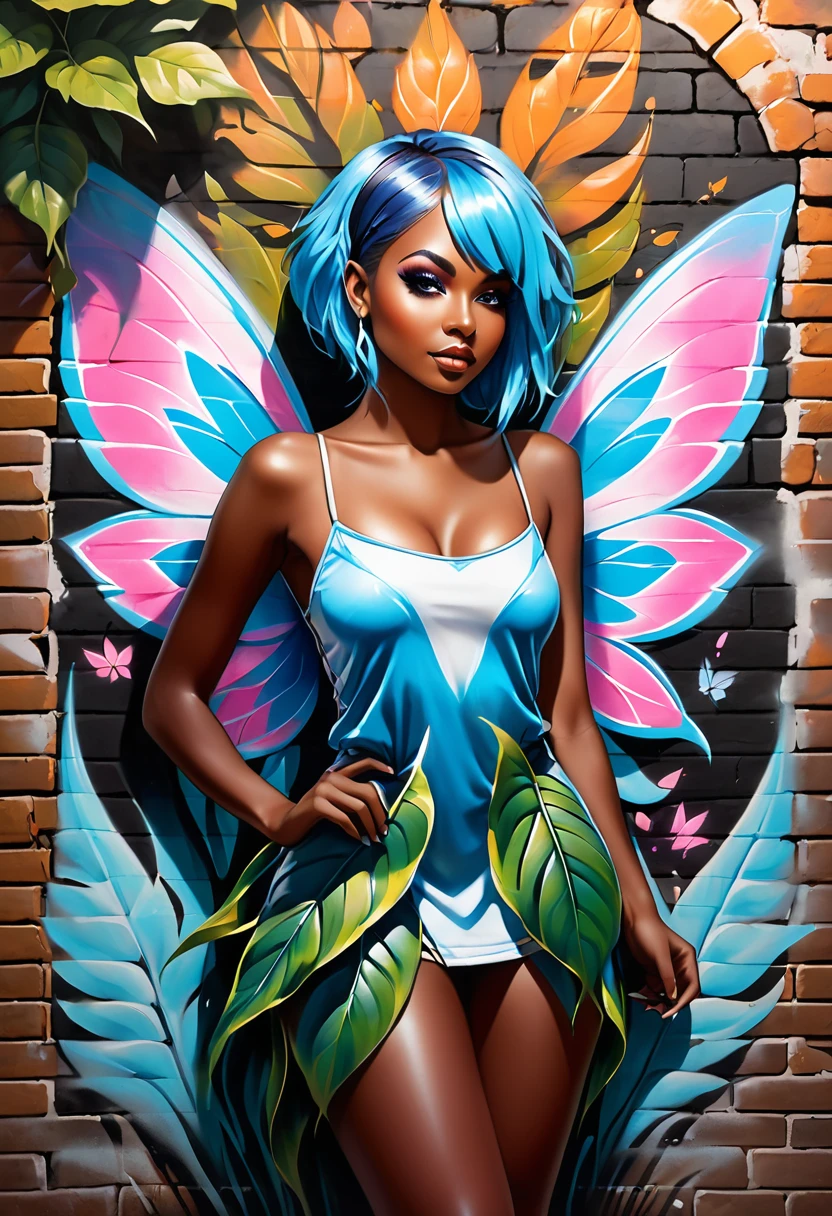 graffiti, pastel, graffiti on a brick wall, spray paint on a wall, colored graffiti, street art, fairy, african, blue hair, short hair, dark skin, standing on a giant leaf, seductive, (fairy wings:1.1), short dress, fairy outfit, tight clothes, barefoot, attractive body, slim, athletic, forest, magical forest, night time, glow, fantasy, magical,