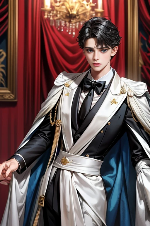 
masterpiece, 最high quality, high quality, 1 boy, alone, Male focus, Watching the audience,  Messy black hair, Adorable big blue eyes, White, Noble, Noble,A sexy, voluminous, puffy cape、tuxedo、A very voluminous, large, very large, very large, long, long red and black cape with a high stand-up collar, made of a lot of fabric that reaches down to the floor., 17 years old,Cute beautiful boys,Cute, cute, kind, handsome guy