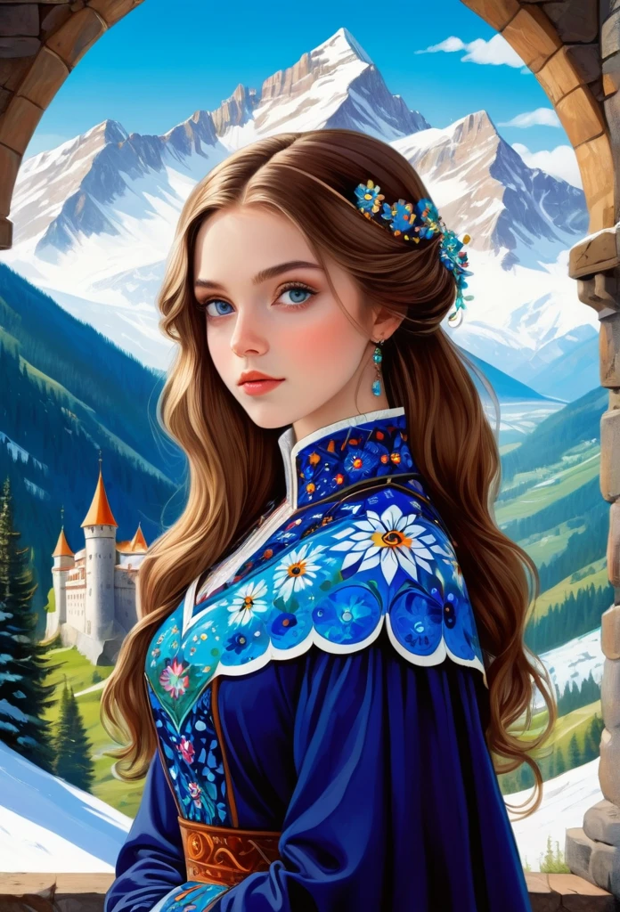 Millefiori glass style，((masterpiece)),best quality, illustration, dark, 1 Girl, In the wilderness,Mountain High,Snow-capped mountains in the distance, castle, Beautiful and delicate eyes,  beautiful fine hair,