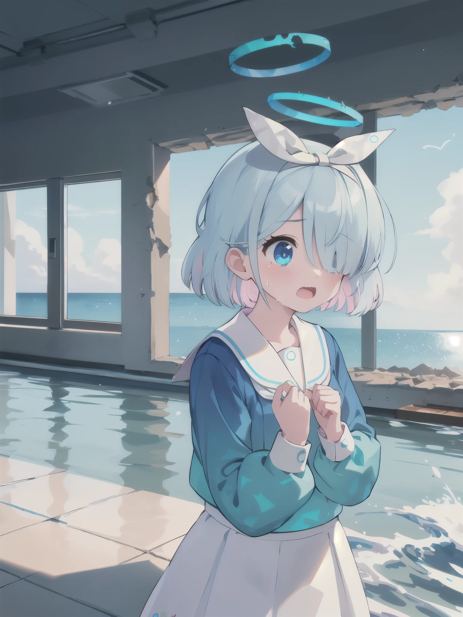 masterpiece,Highest quality,indoor,Ruined classroom,Water is filling up,White tile,Ocean View,noon,blue sky,1 Girl,Halo,Cry with your eyes open,Open your mouth,Blue school shirt,Long sleeves,White Skirt,Focus on face,upper body