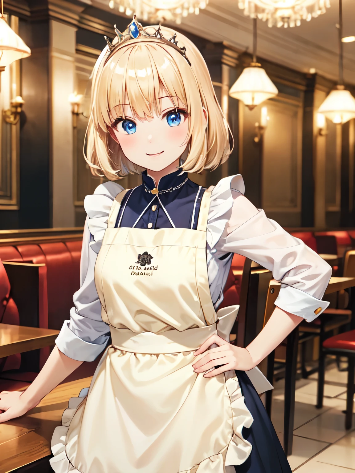 Woman portrait ,blonde、princess mia、シロ色shirt、whiteＴshirt、sweater　Clothes,restaurant,Cinema Lighting、smile、blush、Beautifully styled hair、straight、apron、可愛いapron、tiara、