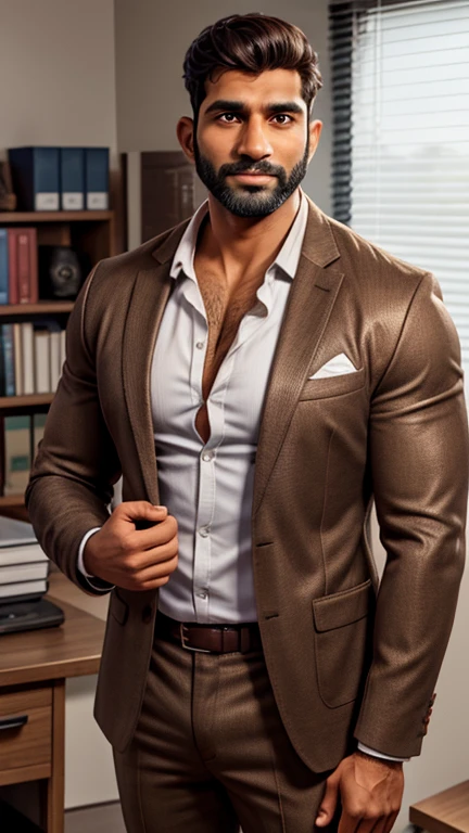 2 handsome indian male standing together in one photo, defined big fluffy hairy pecs, conversative politican, in his early 40s beared hunk, brown hair, smooth oily skin, in revealing suit jacket and low cut shirt, standing in office, manspread, in luxury office, full hd, hdr, clear picture, sharpness in picture, masterpiece, 8k 