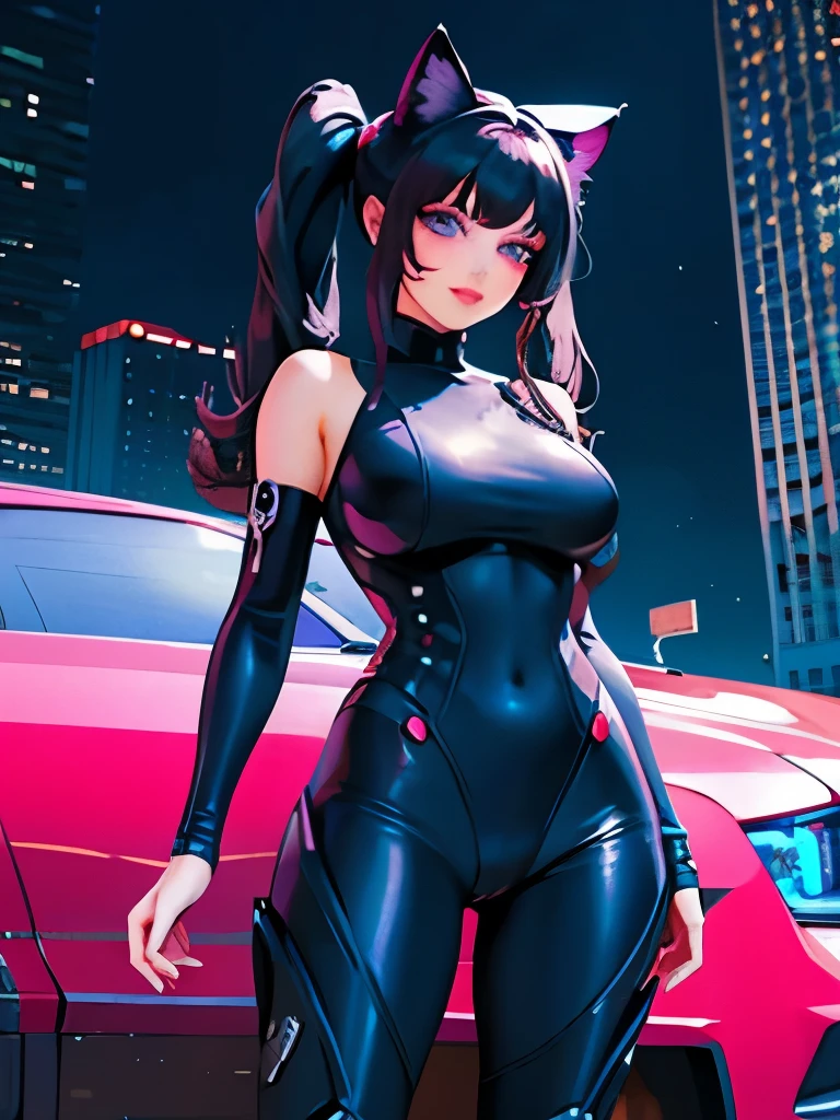 (masterpiece),(best quality),extreamly delicate and beautiful,illustration,((perfect female figure)),mature female,1 rider girl,i:p masquerena, bodysuit,black very long hair,twintails, purple eyes, cyberpunk  city background,cat ears helmet,