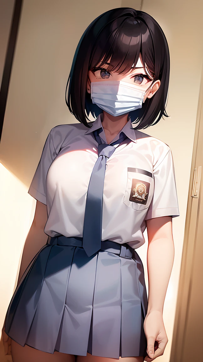 1 woman, , (Short Layered Bob haircut, black hair), scared face expression, plump body, blue eyes, Indonesian high-school uniform, (wearing transparent white shirt, long sleeves, light-grey tie), osis logo on shirt pocket, medium breasts, long light-grey pleated skirt, dynamic pose, cowboy shot, shy, in the classroom, wearing a mask (white surgical mask, surgical mask fit his face:1.2).