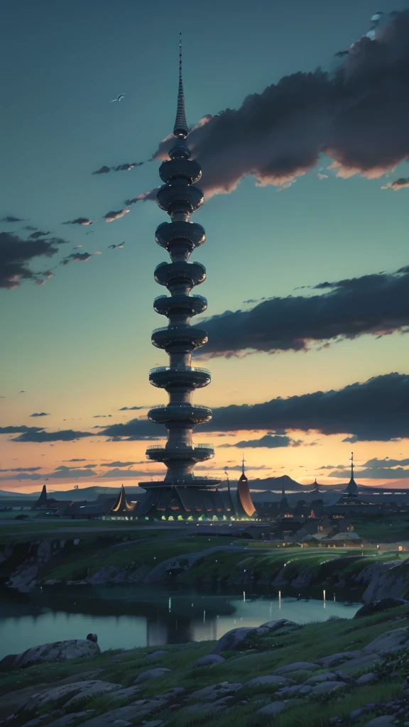 Landscape painting.Masterpiece,Sky Piercing Tower in the distance, Makoto Shinkai Cyril Rolland, anime art wallpaper 4k, anime art wallpaper 4k, Cyril Rolland and Goro Fujita, Anime Art Wallpapers 8K, 4k anime wallpaper, anime wallpaper 4k, anime wallpaper 4k, ( ( Makoto Shinkai ) ), Makoto Shinkai