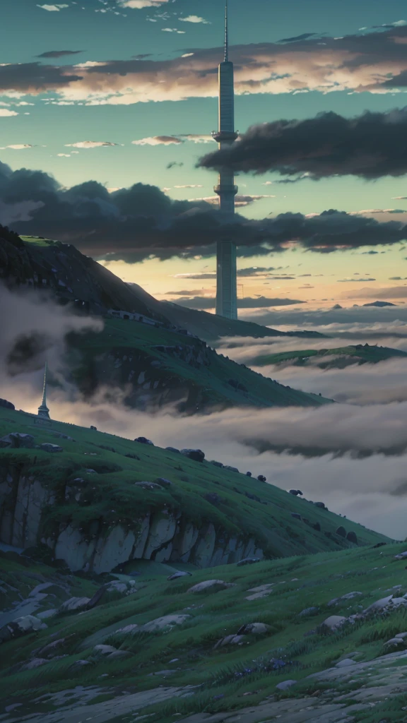 Landscape painting.Masterpiece,Sky Piercing Tower in the distance, Makoto Shinkai Cyril Rolland, anime art wallpaper 4k, anime art wallpaper 4k, Cyril Rolland and Goro Fujita, Anime Art Wallpapers 8K, 4k anime wallpaper, anime wallpaper 4k, anime wallpaper 4k, ( ( Makoto Shinkai ) ), Makoto Shinkai