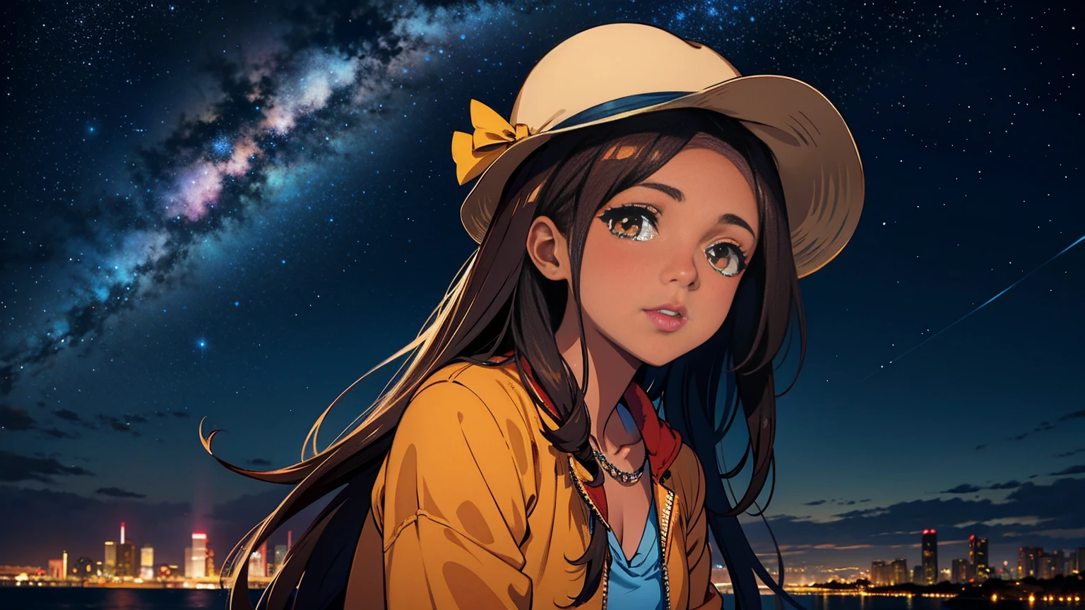 (Brown Skin) City night view Starry Sky Looking up at the sky woman Knight's Attire adult Fantasy World Draw people small