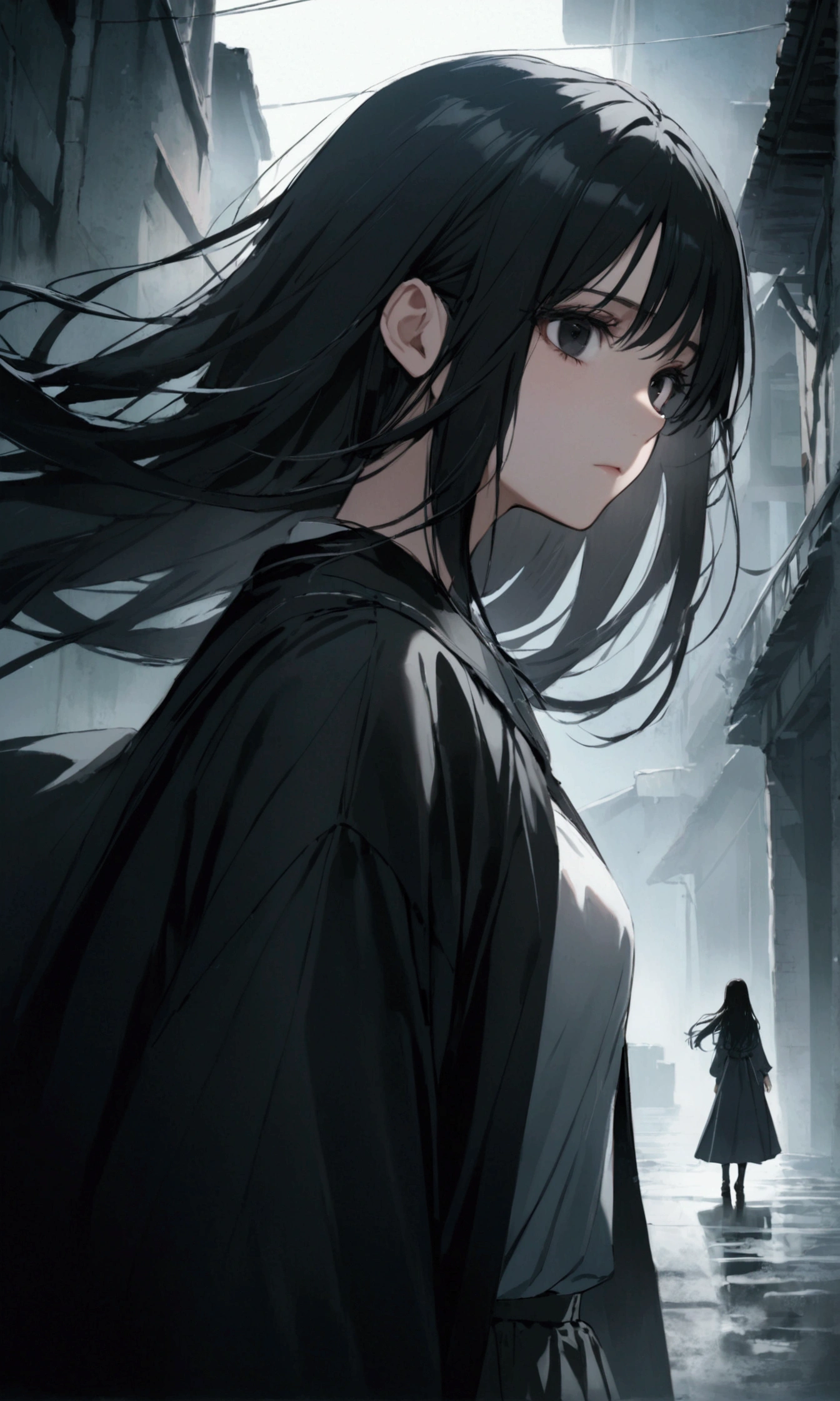 A girl with long black hair and black eyes. 