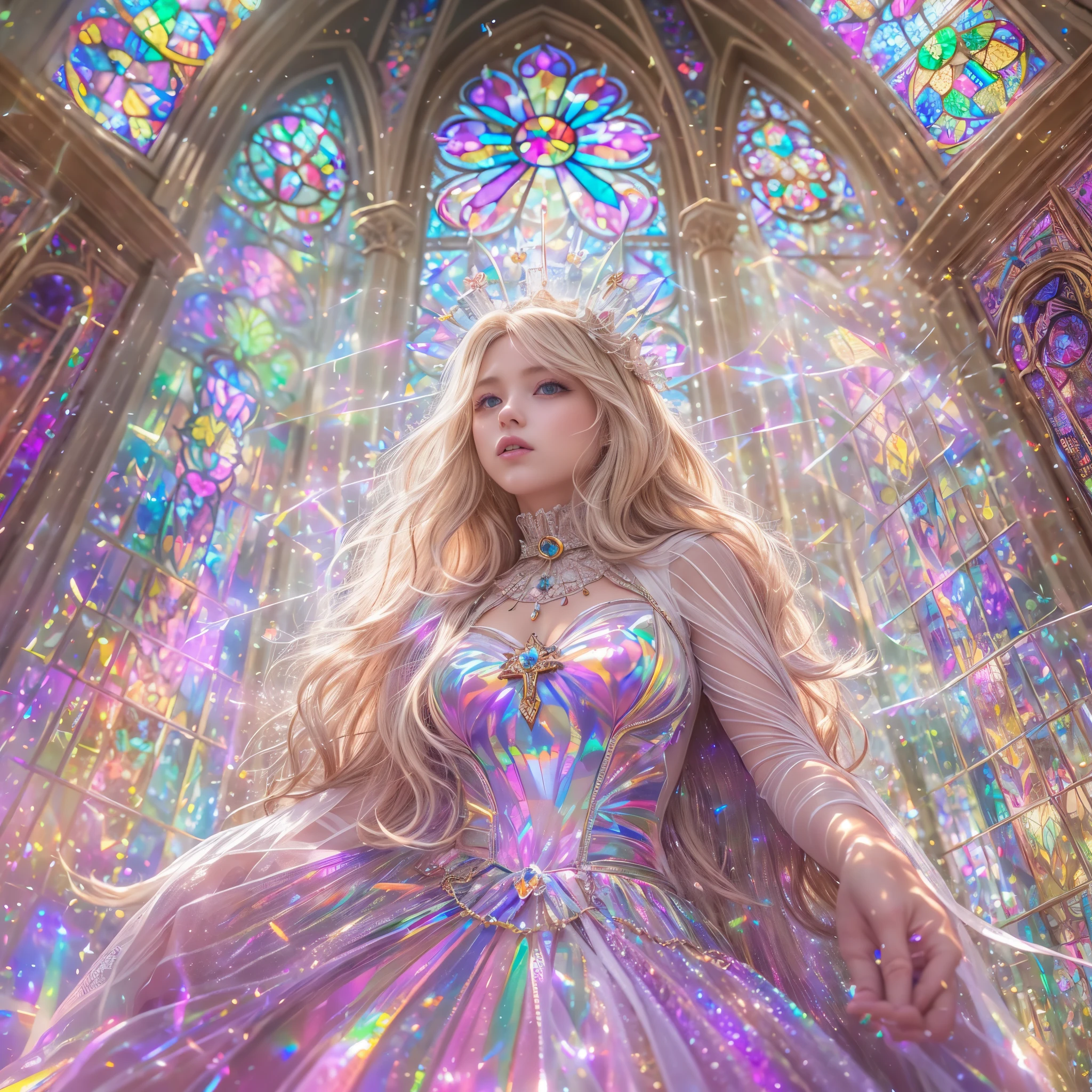 (Cathedral from below:1.28) (ZoomLayer) TopQuality 8K masterpiece of ((Professional photo)), (((Clarisse de Cagliostro))) (Detailed White WeddingDresses), Chain, (((Extremely detailed KAWAII face))) {((VeiledFace))|BlondeHair|(Elaborate BuleEyes)with(SparklingHighlights:1.28)}, The background is distant (((Elaborate stained glass))) Rainbow Glass, {(MysticSight)|EnchantingAtmosphere|Haze|(GodRays)|TyndallEffect}, Radiant PearlSkin with Transparency, (Exposed:0.39)