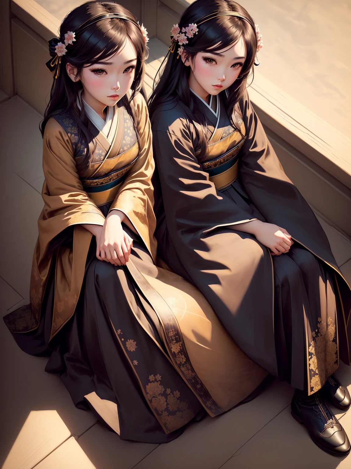 best quality, masterpiece, cinematic lighting, intricate, simple background, detailed face, full body, (outline:1.2), (popart:1.3), lineart, , , 1girl, sitting, hanfu, skistyle,, ,  