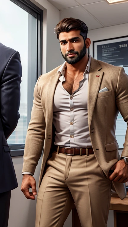 2 handsome indian male standing together in one photo, defined big fluffy hairy pecs, conversative politican, in his early 40s beared hunk, brown hair, smooth oily skin, in revealing suit jacket and low cut shirt, standing in office with spread legs, manspread, in luxury office, full hd, hdr, clear picture, sharpness in picture, masterpiece, 8k 