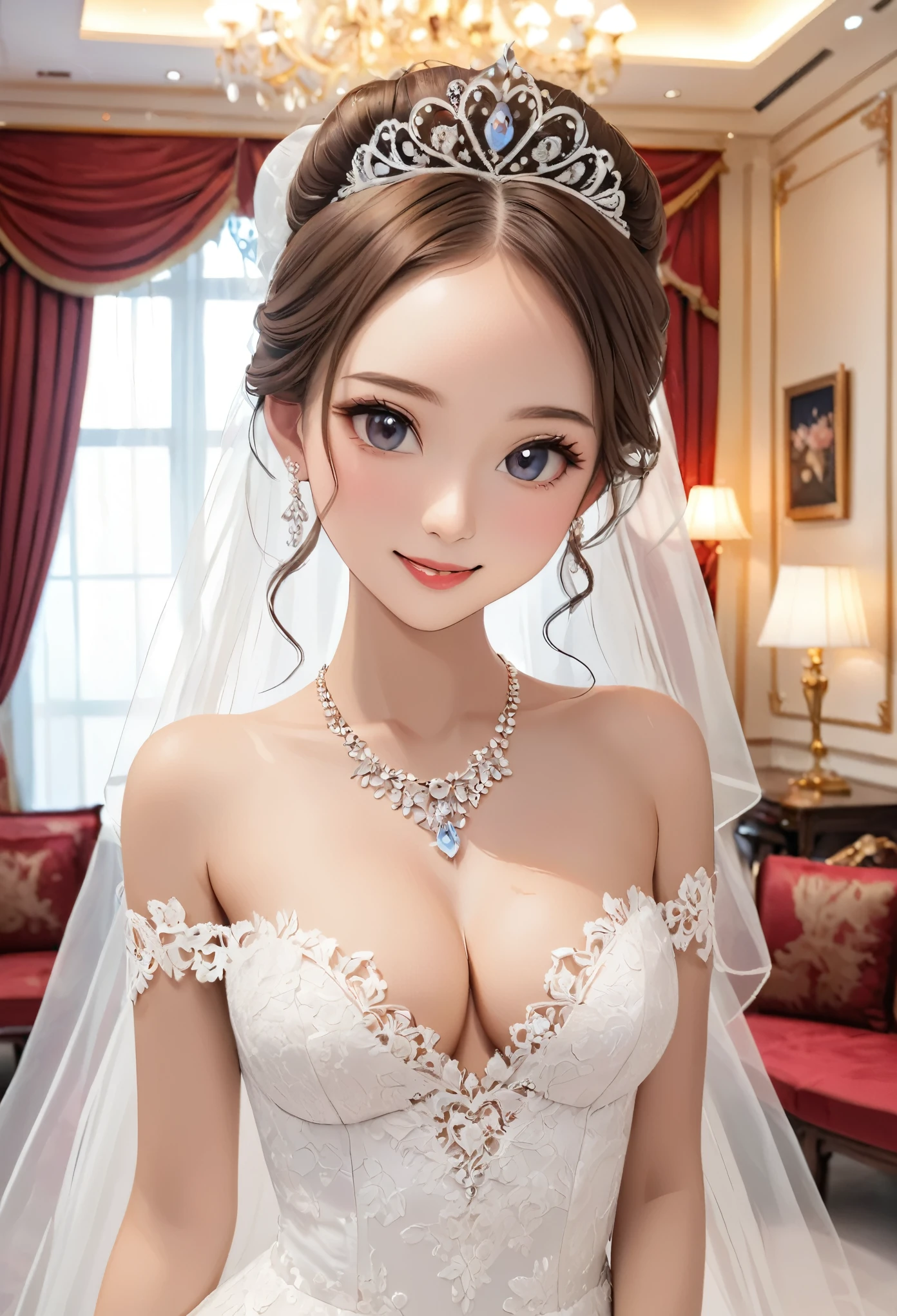 (One girl), Updo, Princess, Very cute face, Great face and eyes, (Very detailed目, Very detailed顔), Fresh, Very beautiful appearance, (Ultra-realistic, High resolution), (Highest quality:1.4), (super high quality), Real skin texture, RAW Photos, (Realistic, Photorealistic:1.37), Very detailed, Professional photography, (beautiful lace bridal dress:1.5), (front open lace bridal dress), (Cleavage:1.2), (Exposing shoulders), smile, (Look at me), Gorgeous tiara, Luxury Accessories, Necklaces and earrings, (Luxurious living room:1.3), Portrait of a Girl,