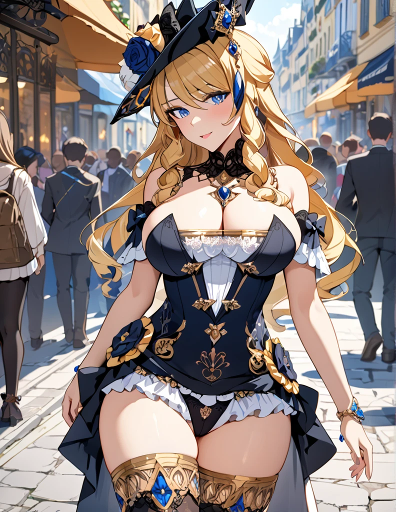 A beautiful 28-year-old woman, Navia, wearing sexy lingerie, stands in a crowded French city, hyper detailed huge breasts and ultra detailed features rendered in the best quality, 4K masterpiece.